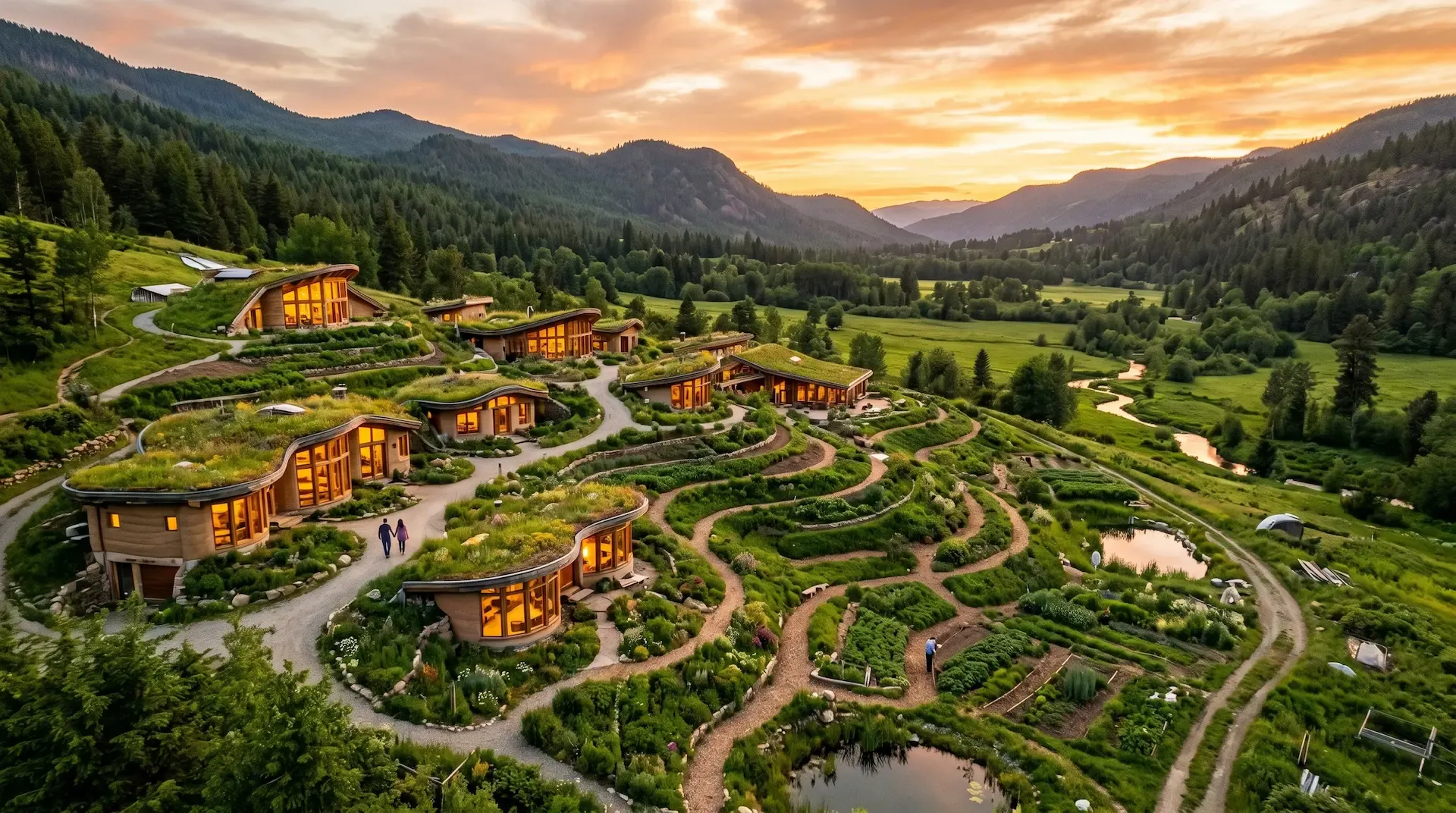 Quantum Field at sunset — green-roofed homes along winding paths in a mountain valley