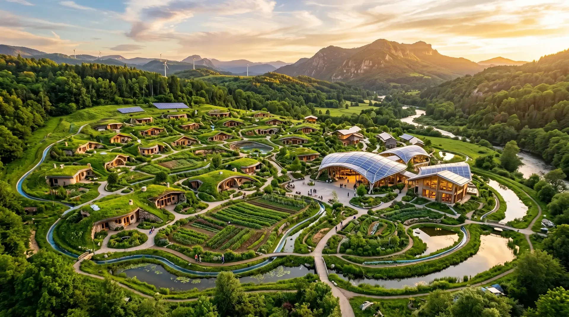Aerial view of a Quantum Field community — regenerative homes, gardens, and shared infrastructure nestled in green hills