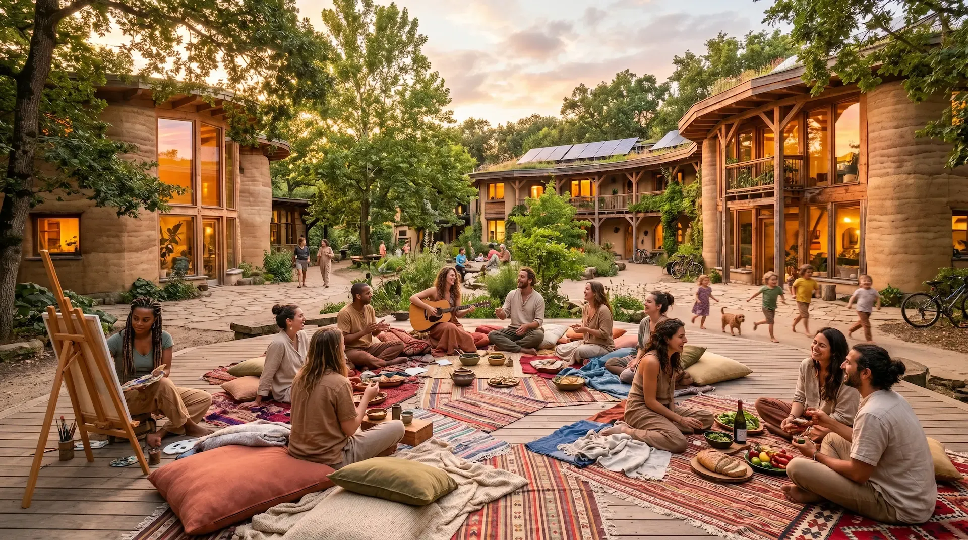 Community afternoon gathering — music, conversation, and relaxation on a shared courtyard
