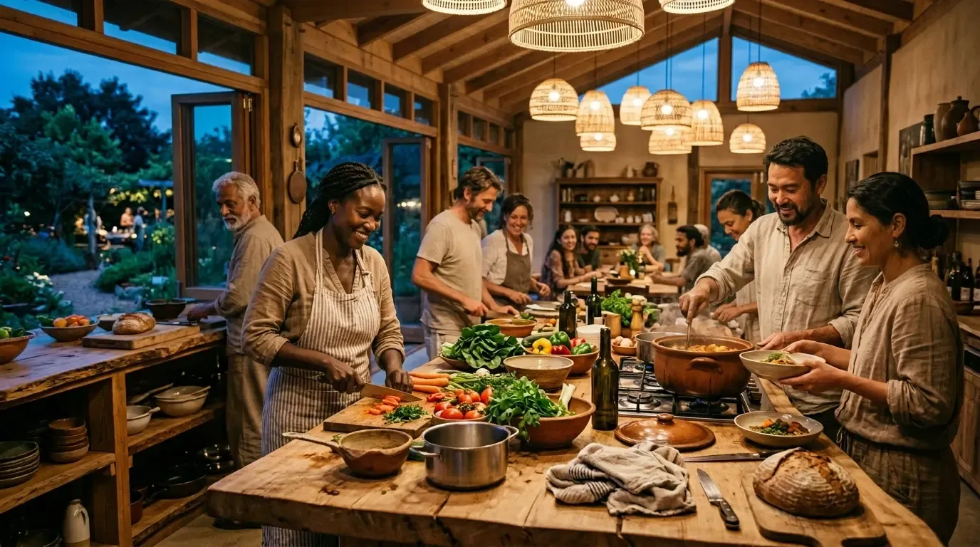 Communal kitchen — neighbors preparing a meal together from garden-fresh ingredients