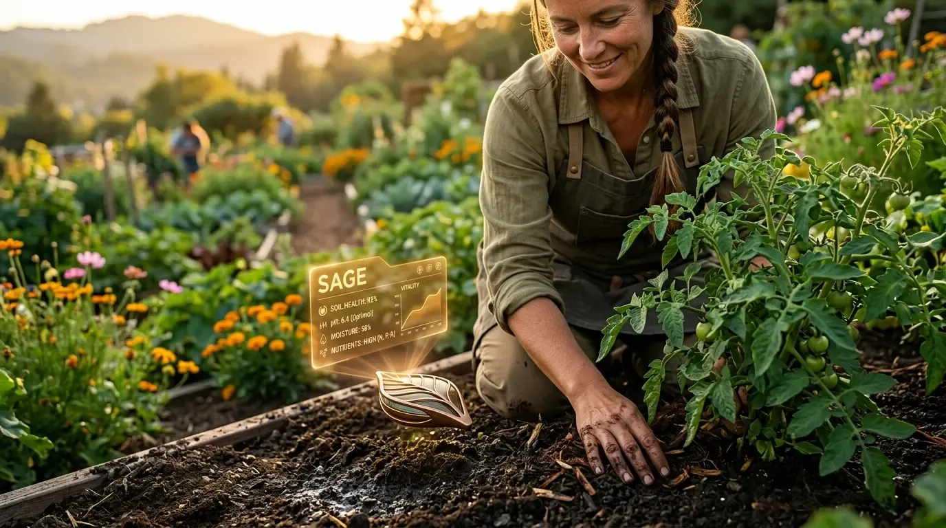 A gardener tending soil with a SAGE sensor display showing soil health metrics