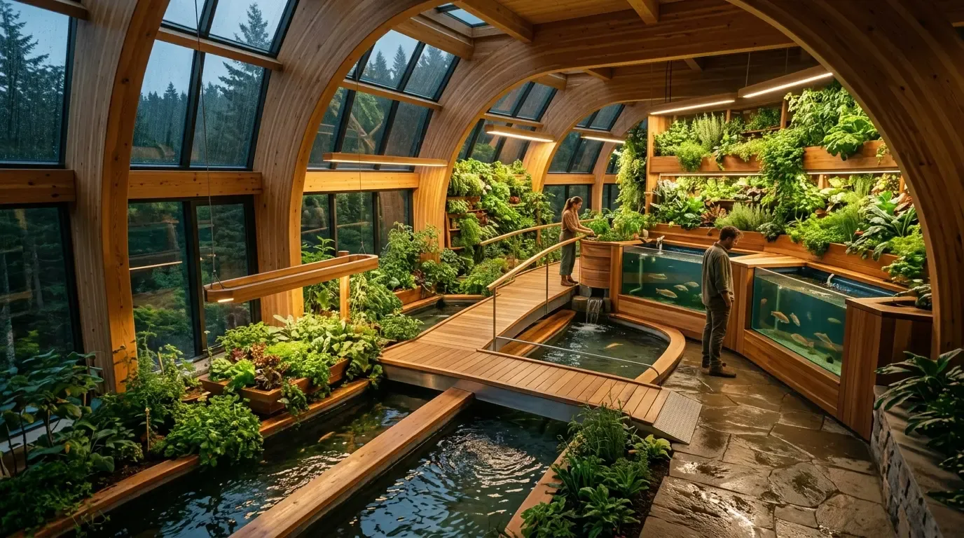 Living greenhouse — aquaponics and vertical gardens under curved timber and glass