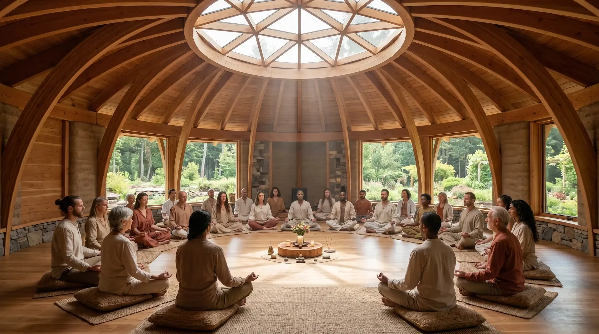 Meditation circle — community members in a sacred geometry dome surrounded by forest