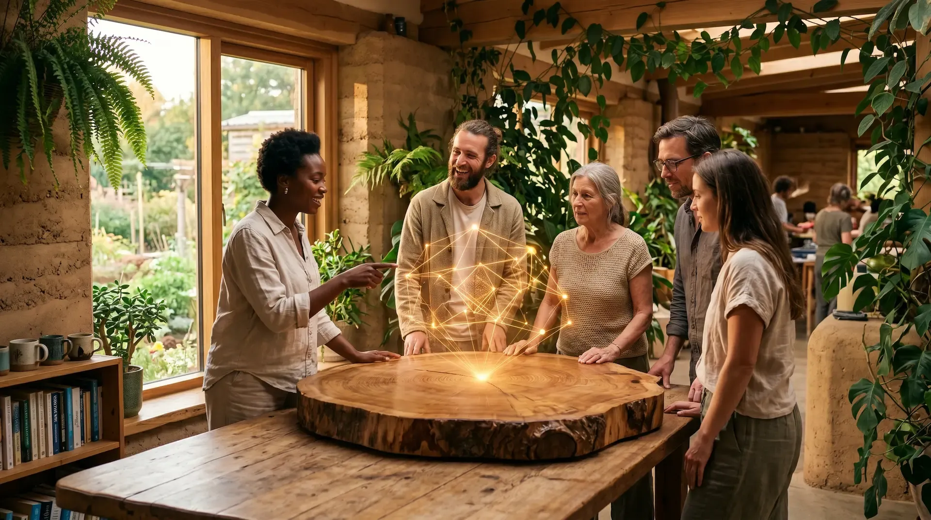 Community members gathered around a SAGE holographic interface on a live-edge table