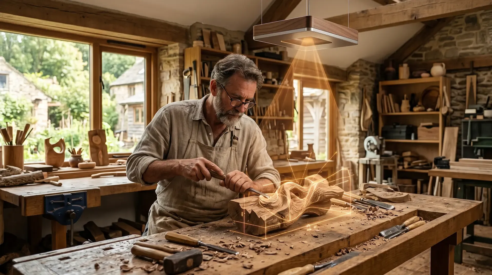 A craftsman woodworking in his workshop with SAGE holographic guidance