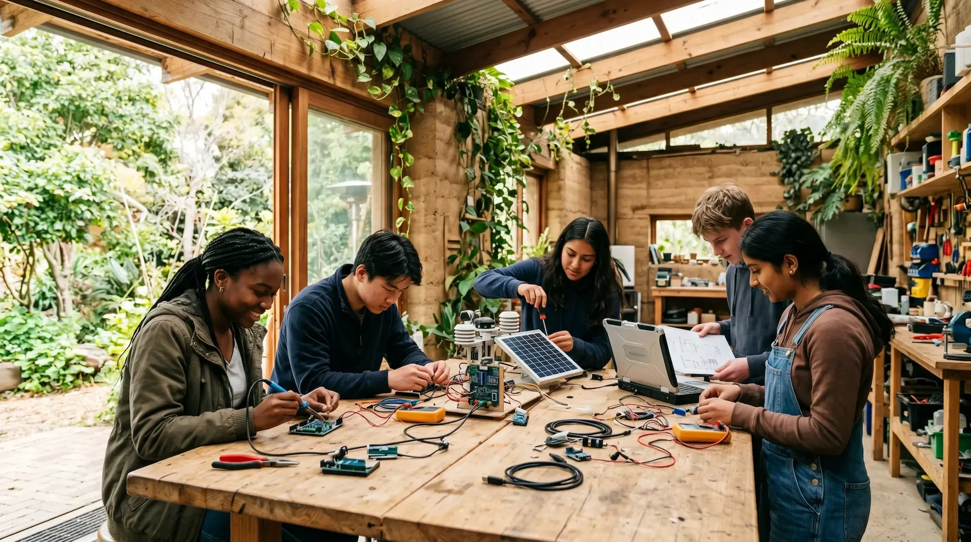 Youth workshop — young people building solar technology in a plant-filled maker space